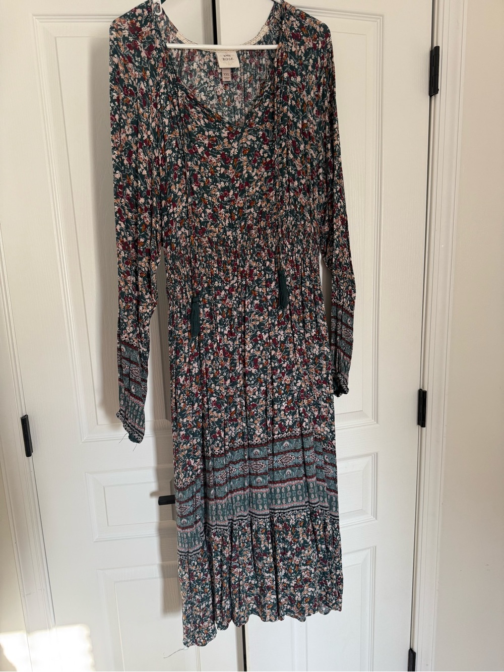 Knox Rose Teal Floral Long-Sleeve Tiered 3/4 Maxi Dress